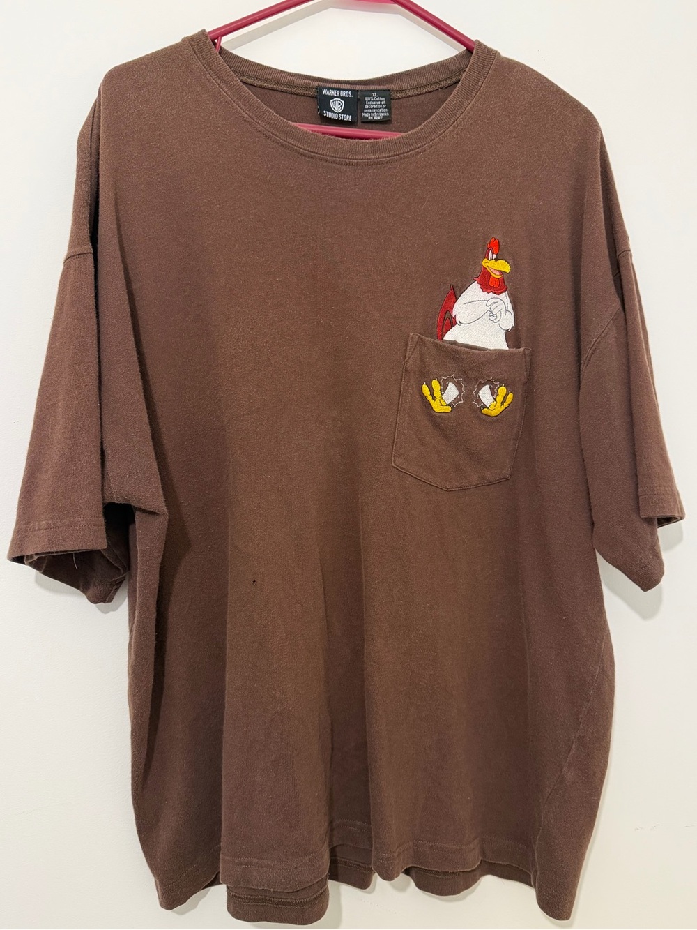 Vintage Looney Tunes Brown Embroidered Foghorn Leghorn Pocket T-Shirt XL